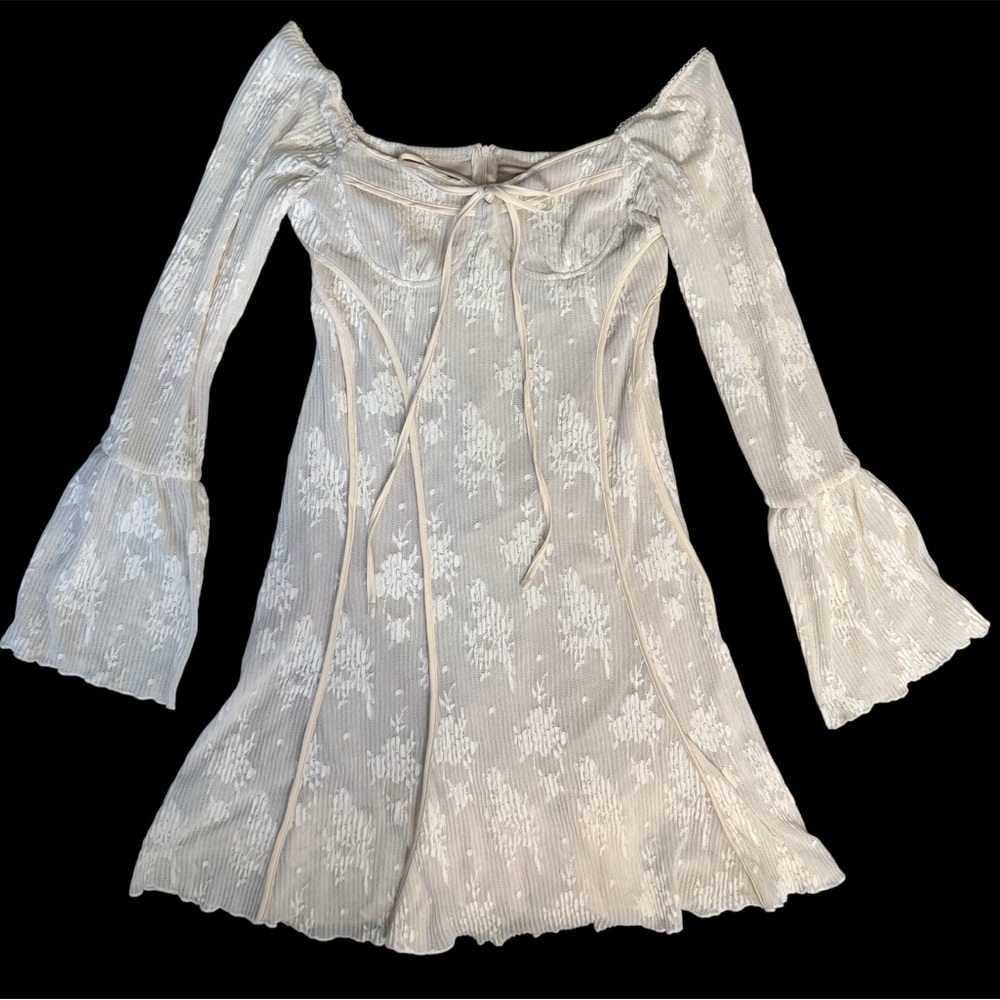 Asymmetrical White Floral Knit Dress with Bell Sleeves